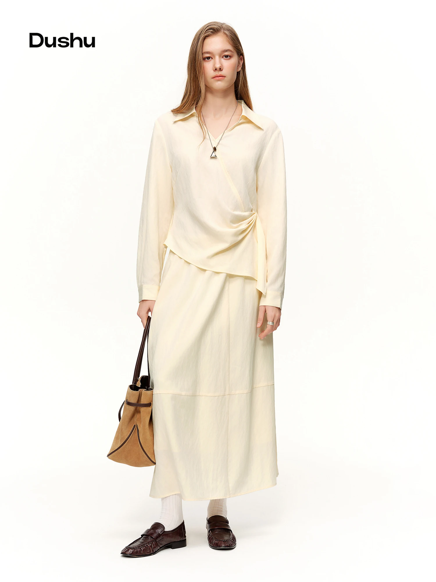 DUSHU 2026 Spring Women's Two Piece Set Design Shirt & High Waist Skirt Co-ord, Office Chic Minimalist Suit for Capsule Wardrobe