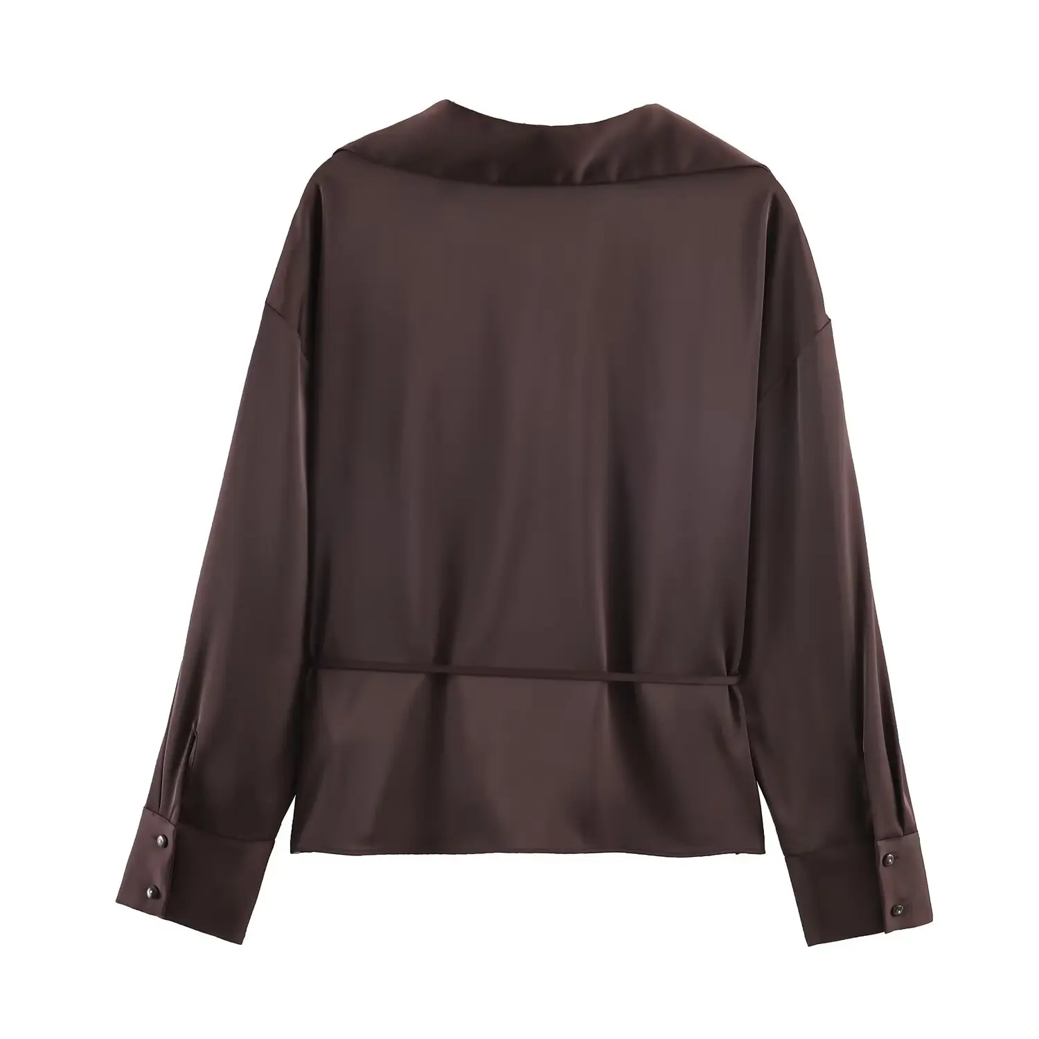 Women's Shirt Spring 2026 New Brown Satin Tied Elegant Long-sleeved Shirts Tops Street Casual Holiday Blouses ﻿