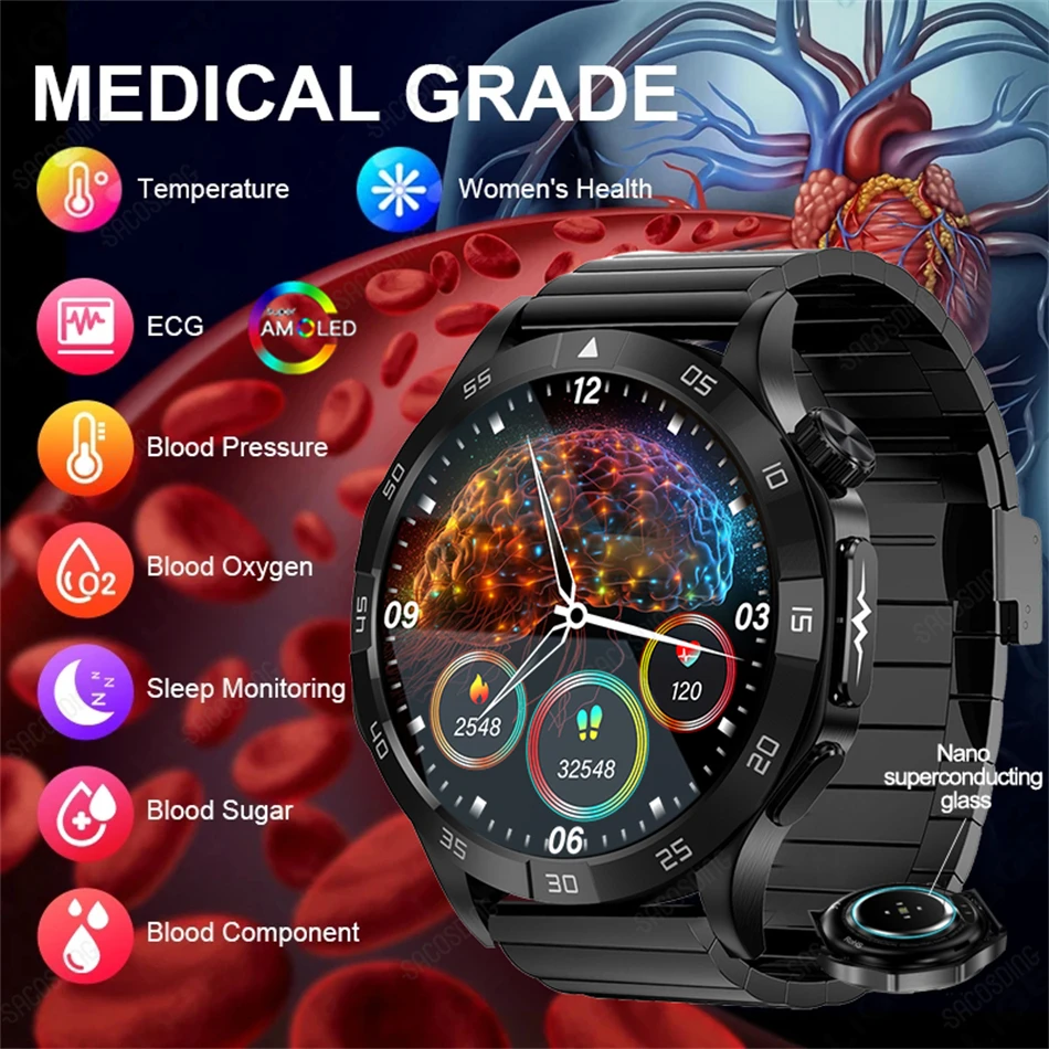 Health Blood Sugar Smart Watch Blood Lipid Monitor Dell'Acido Urico Orologio Sportivo Smart Ecg + Ppg Bluetooth Call Voice Smartwatch Sos Watch