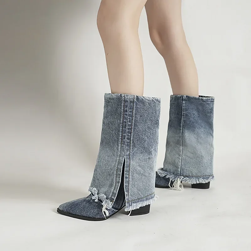 Pleated Block Heels Denim Boots for Women  Autumn Pointed Toe Women Fashion Sexy Cowboy Woman Denim Pointed Toe Chunky Boots
