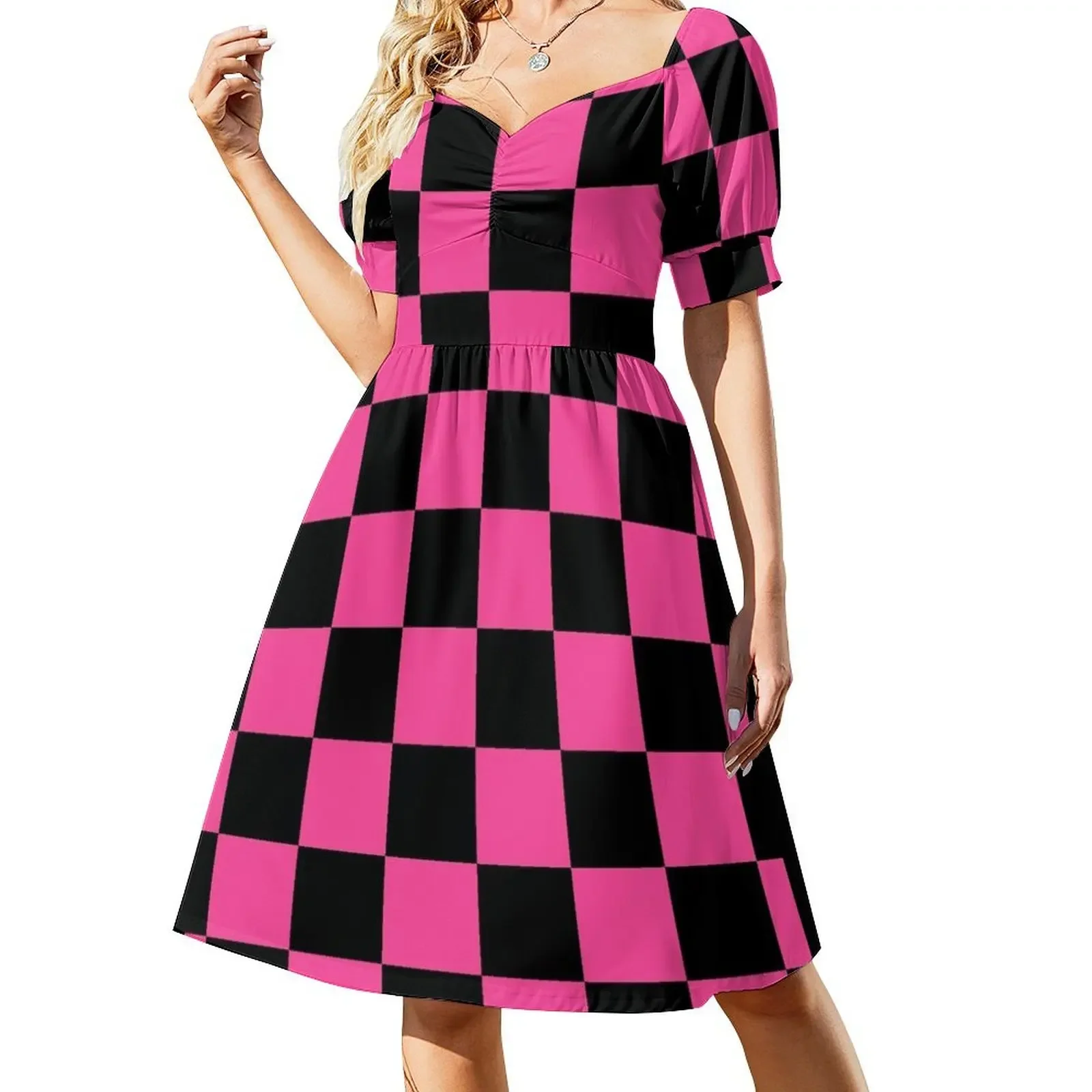 thumbnail image 1 of Vestido elegante de verano sin mangas con estampado de cuadros en negro y rosa para mujer, 1 of 7