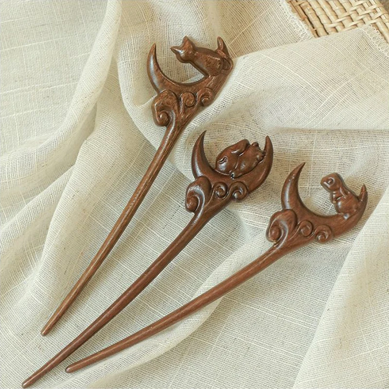 Chinese Style Vintage Wooden Rabbit Cat Moon Carved Chopsticks Hair Stick Hairpins Hanfu Headwear Women Girls Hair Accessory