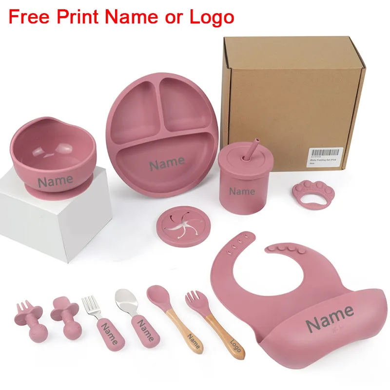 

11Pcs Silicone Feeding Sets For Baby Personalized Name Children's Tableware Suction Cup Plates Bowl Feeding Cups Free Shipping