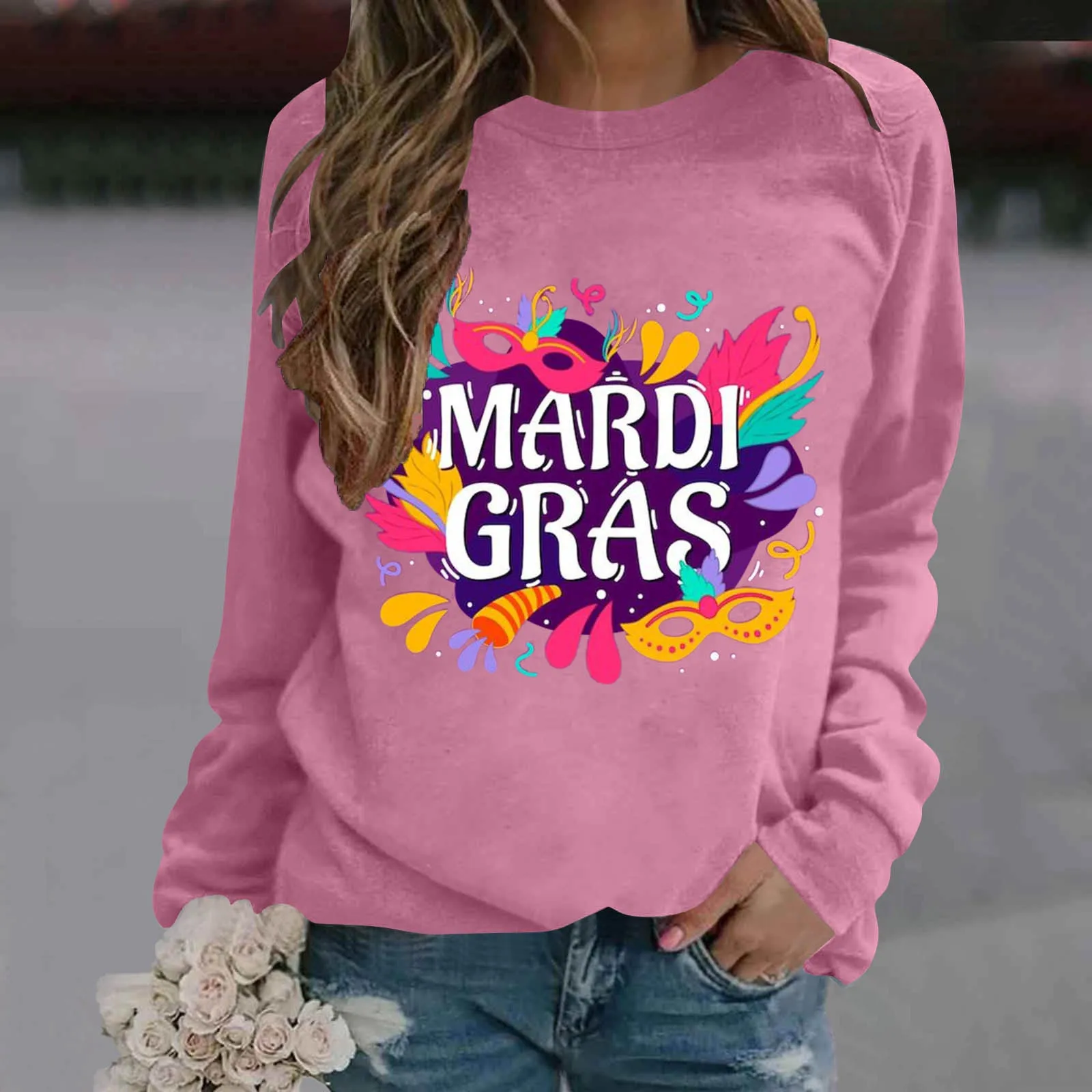 

Womens Mardi Print O Neck Sweatshirt Round Neck Fit Pullover Tops Fashion Long Sleeve Workout Shirts Loose Alien Hoodies Women