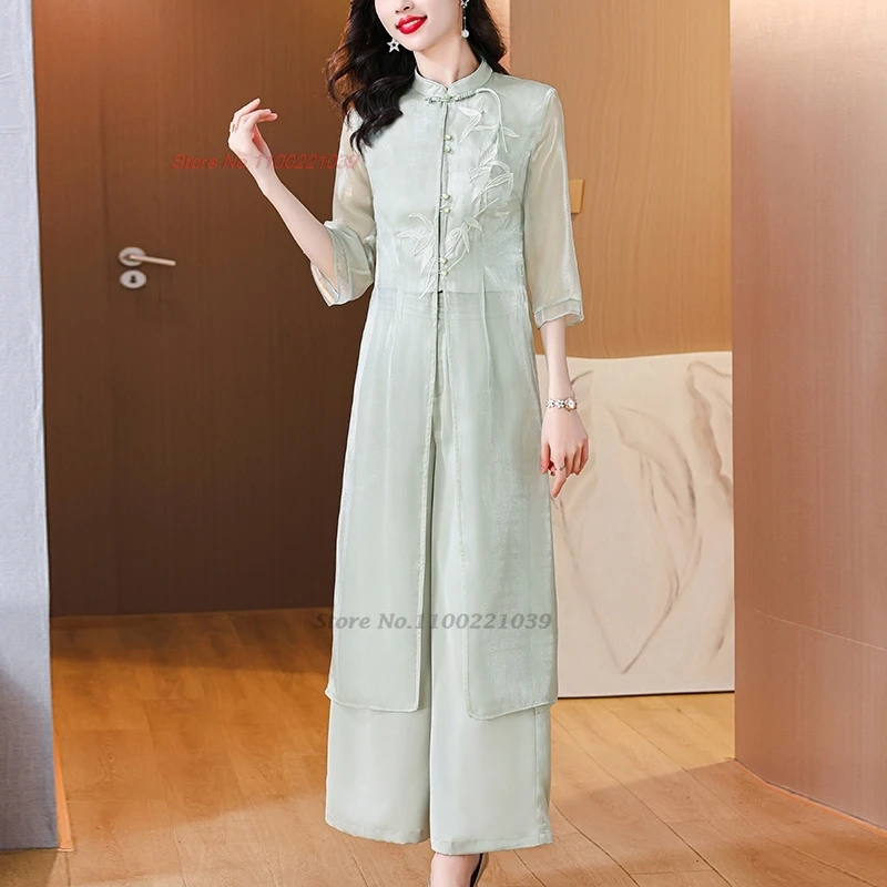 

2024 traditional chinese vintage set meditation tea service hanfu suit national flower embroidery chiffon improved top+pants set