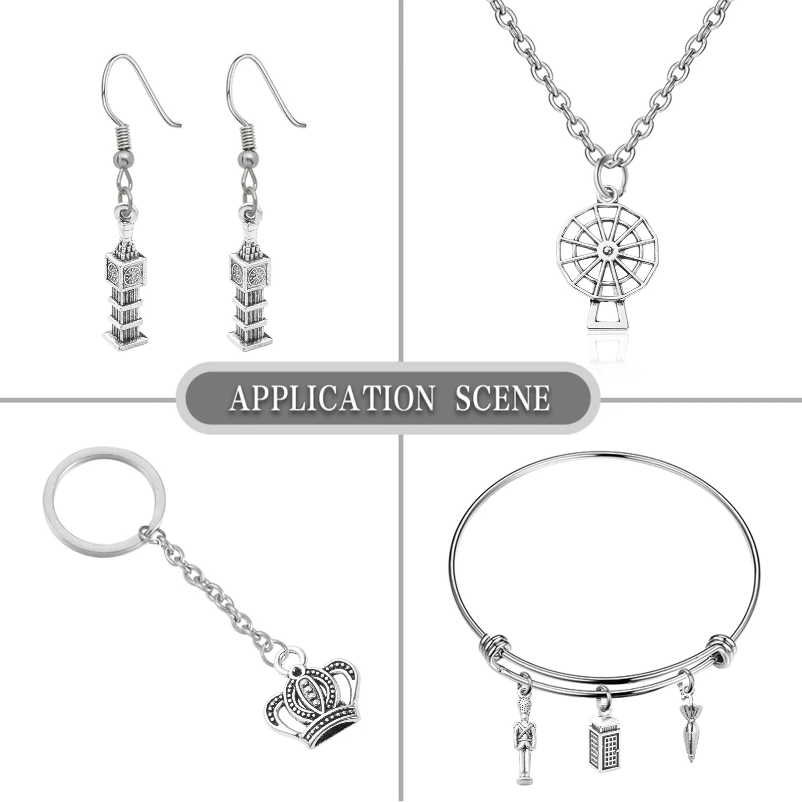 100Pcs 10 Styles London Theme Charms Antique Silver Big Ben Windmill Bus Car Charms Tibetan Travel Charms for Jewelry Making