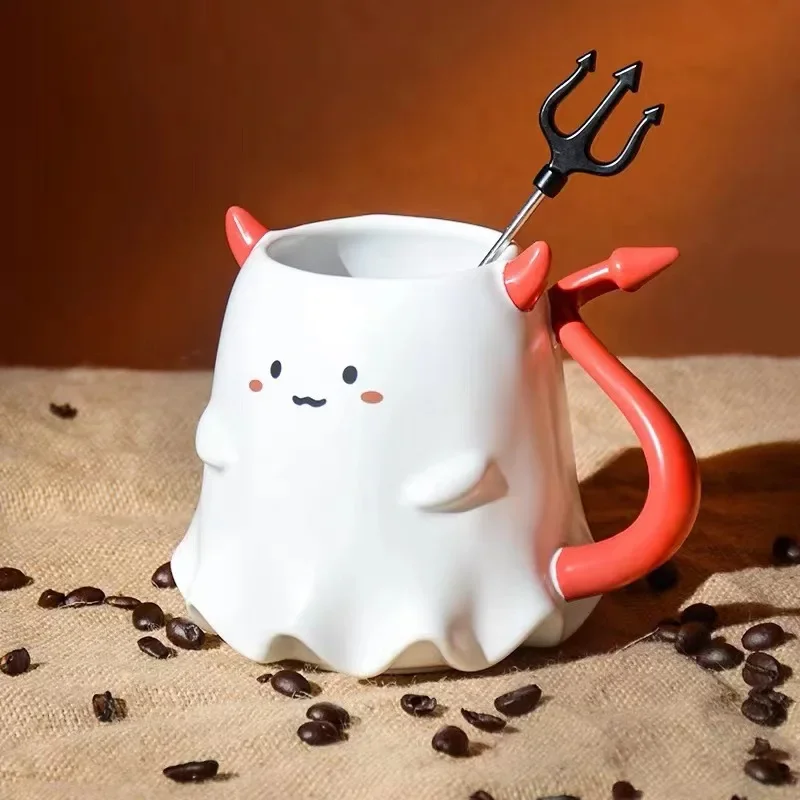 Ceramic Cup Halloween Little Elf Demon Tail with Stirrer Mug Table Top Coffee Cup Gift