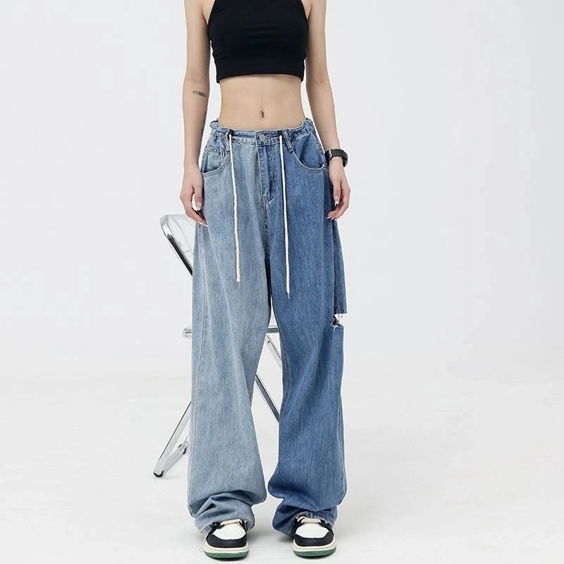 

MEXZT Streetwear Hole Jeans Women Y2K Patchwork Loose Denim Wide Leg Pants Vintage Straight Contrast Color Baggy Casual Trousers