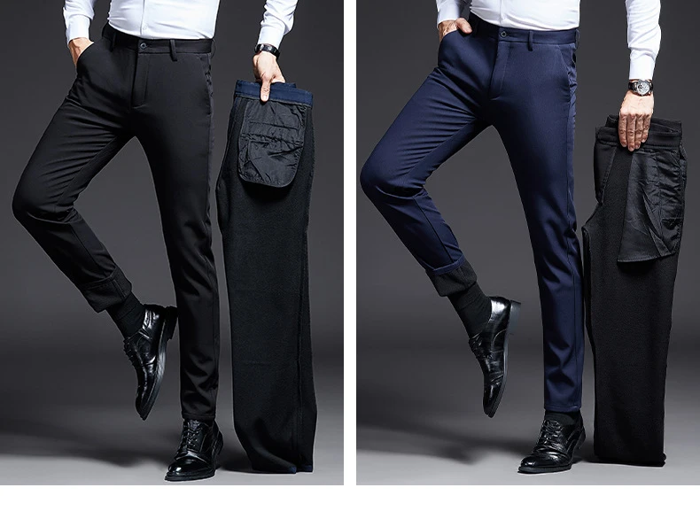 Description Picture 6 of itemFleece Autumn Winter Business Casual Pants Men's Slim Elastic Trousers Wrinkle-Free Straight Pant Streetwear Legging Pantalones