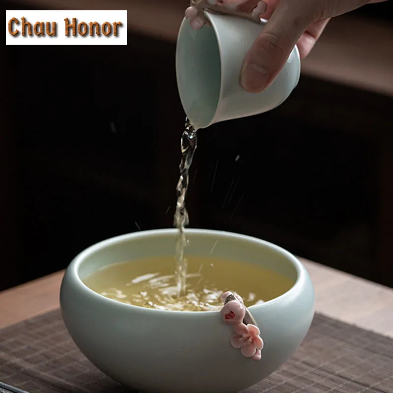 390ml Boutique Azure Ru Kiln Celadon Small Tea Wash Bowl Handmade Knead Pink Plum Blossom Ceramic Tea Garbage Can Tea Ceremony