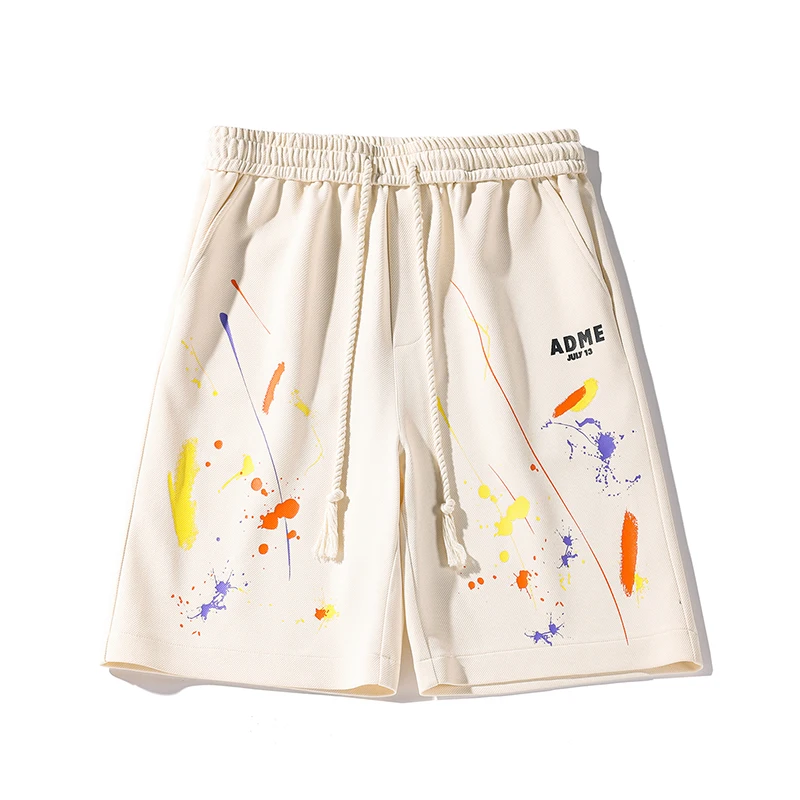 Hip Hop Street Men Shorts Spatter Paint Graphic Track Pants Drawstring Color Clashing Casual Knee Length Shorts