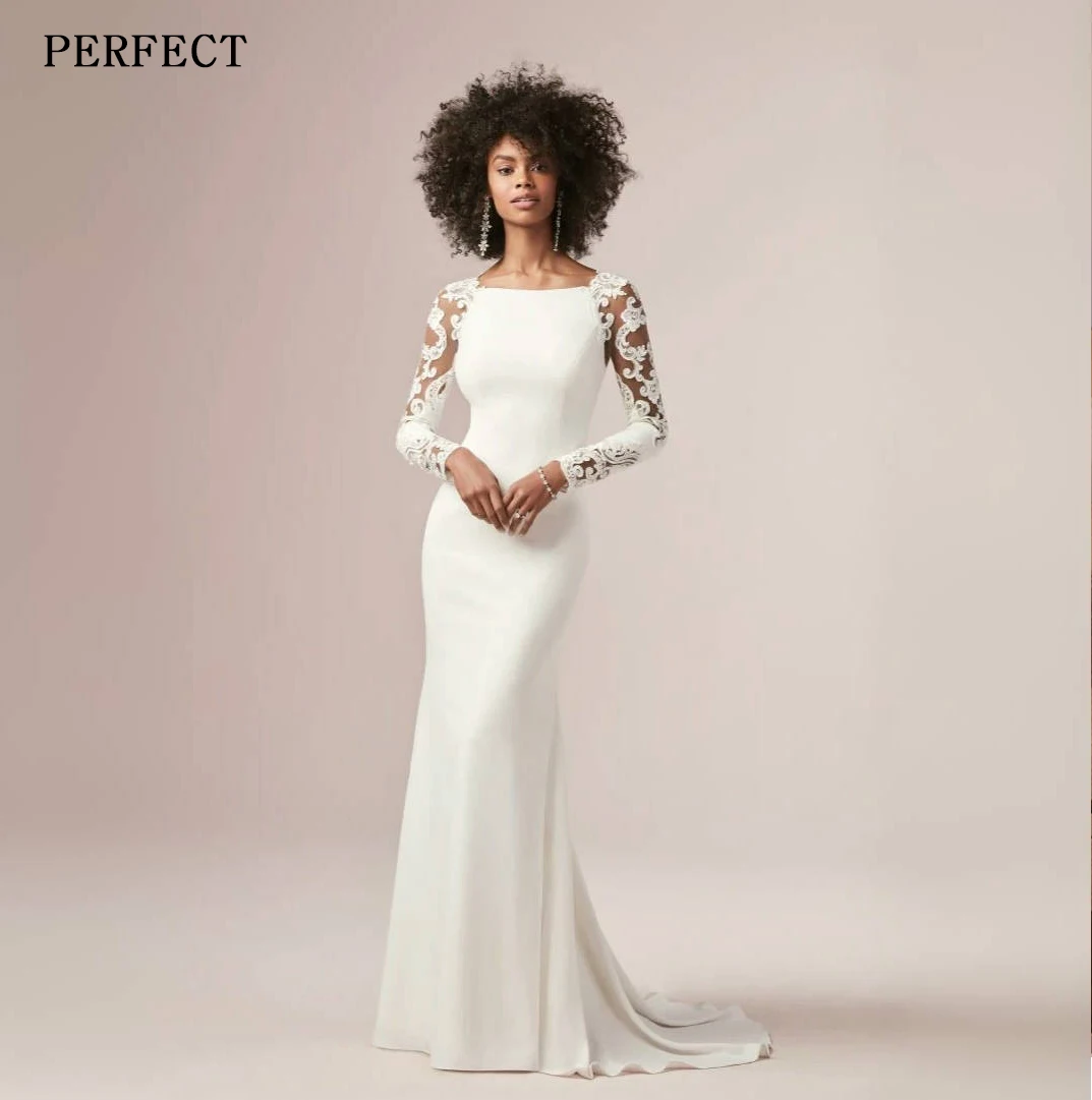

PERFECT Simple Modern Wedding Dresses Lace Long Sleeves Sheath Covered Buttons Sweep Train Boat Neckline Zipper Up Bridal Gowns