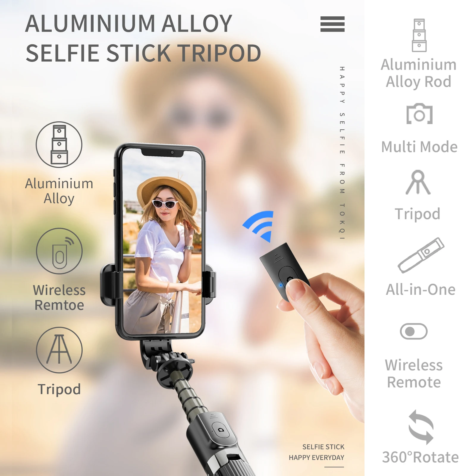 33.8in Selfie Stick Gimbal Stabilizer 5-Section Rod with Phone Clip Detachable Remote Control for Android 4.4/ iOS 5.1 System