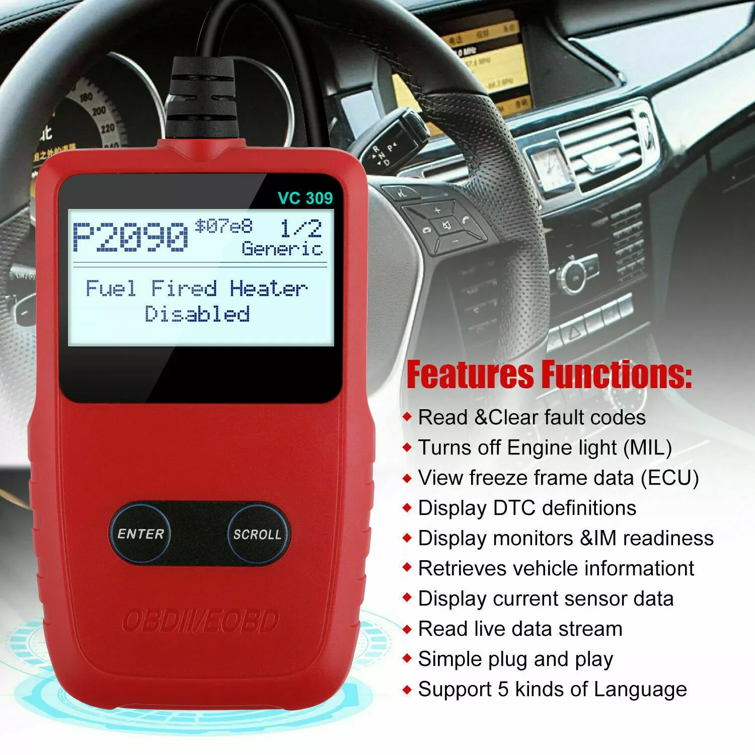 ANCEL VC309 Automotive EOBD OBD2 Scanner Car Diagnostic Reset Tool Engine Fault Code Reader for Mercedes Opel BMW Renault Fiat 4