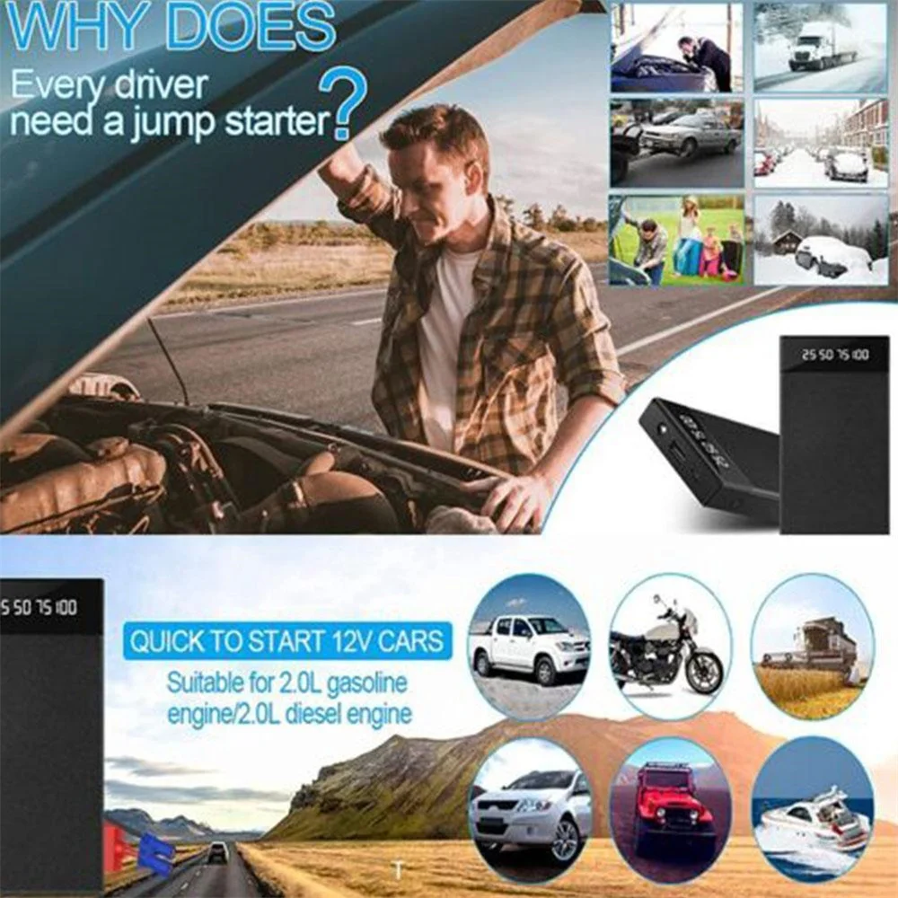 Car Jump Starter Auto Power Bank 10000mAh 12V Portable Car Battery Starter Booster Charger Emergency Battery Starting Device