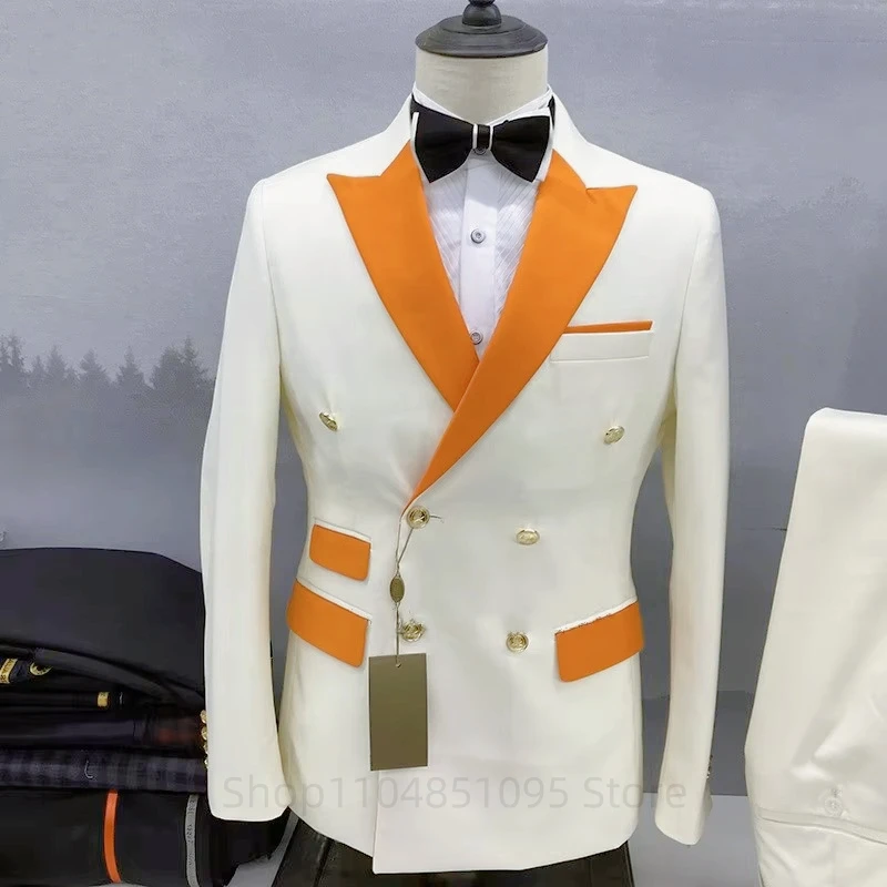 Men's Solid Formal Business Suit 2-Piece Set Peak Lapel Double Breasted Blazer with Trousers for Wedding Smart Casual Men Suits