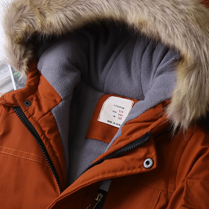 Boys Coats Autumn Winter Fashion Hooded Fur Children's Plus Velvet Warming Cotton Outerwear For Kids Jacket 5-14 Years - 5