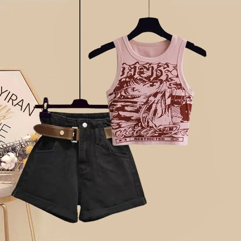 Spring/Summer Set Women's 2024 New Retro Versatile Slimming Shirt Tank Top High Waist Shorts Age Reducing Three Piece Set