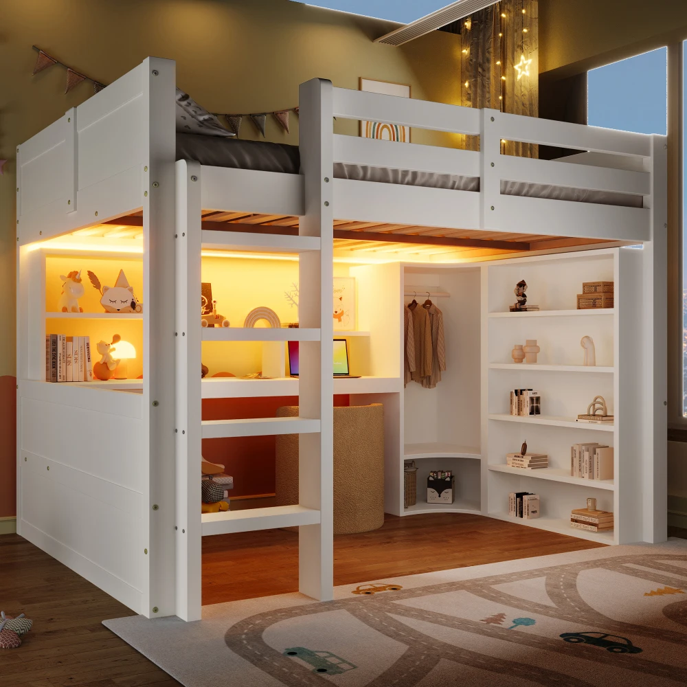 90 x 200 cm/140 x 200 cm hohes Etagenbett, mit LED-Leuchten und Kleiderschrank, Bett mit Schreibtisch und Schubladen, Aufbewahrungsfach, keine Matratze – Detail 25