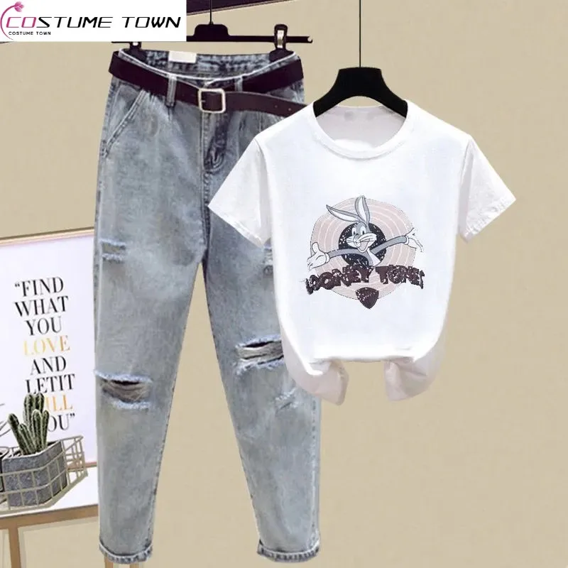 

Spring and Summer Fashion Women's Suit 2023 New Korean Short-sleeved T-shirt Age Reducing Casual Jeans Two-piece Set