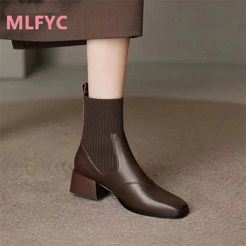 Short Boots Autumn Winter New Square Headed Knitted Elastic Women's Boots Fashionable and Simple Shoes female Boots