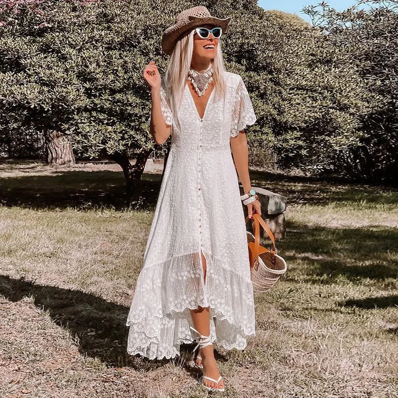 

White Loose Women Solid Floral Short Sleeve Beach Slim Bohemian Maxi Dress Ladies V-neck Boho Sundress Vestidos