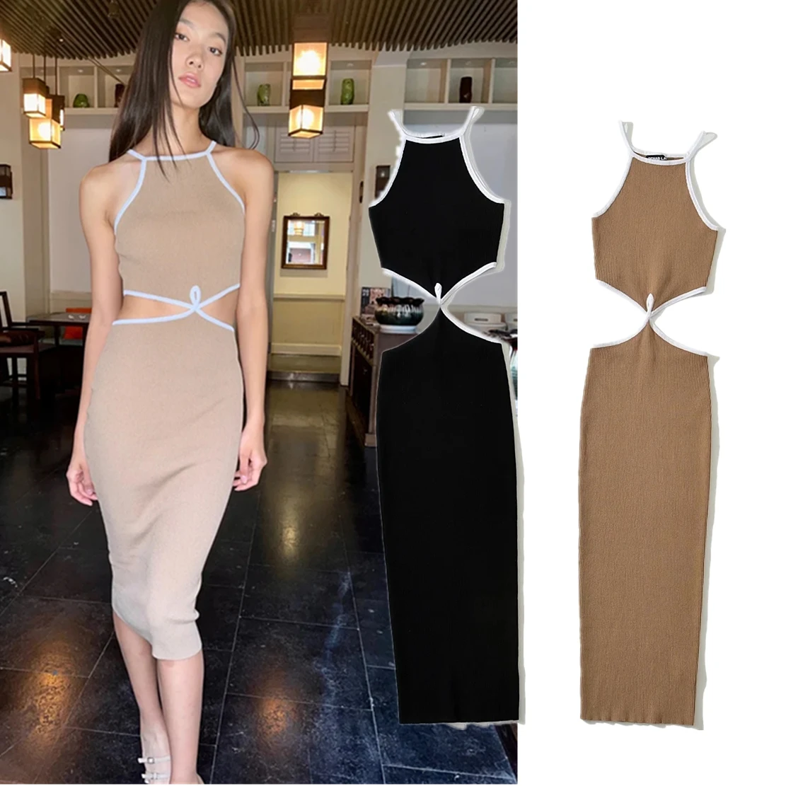 

Withered Summer French Style Vintage Hollow Out Knitted Dress Sheath Color Contrast Sexy Suspender Dress Women