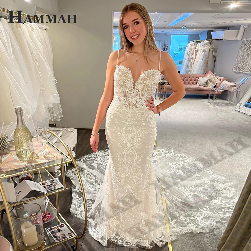 

HAMMAH Wedding Dresses For Women Exquisite Appliques Mermaid Sleeveless Spaghetti Strap Cathedral Train Vestido De Casamento