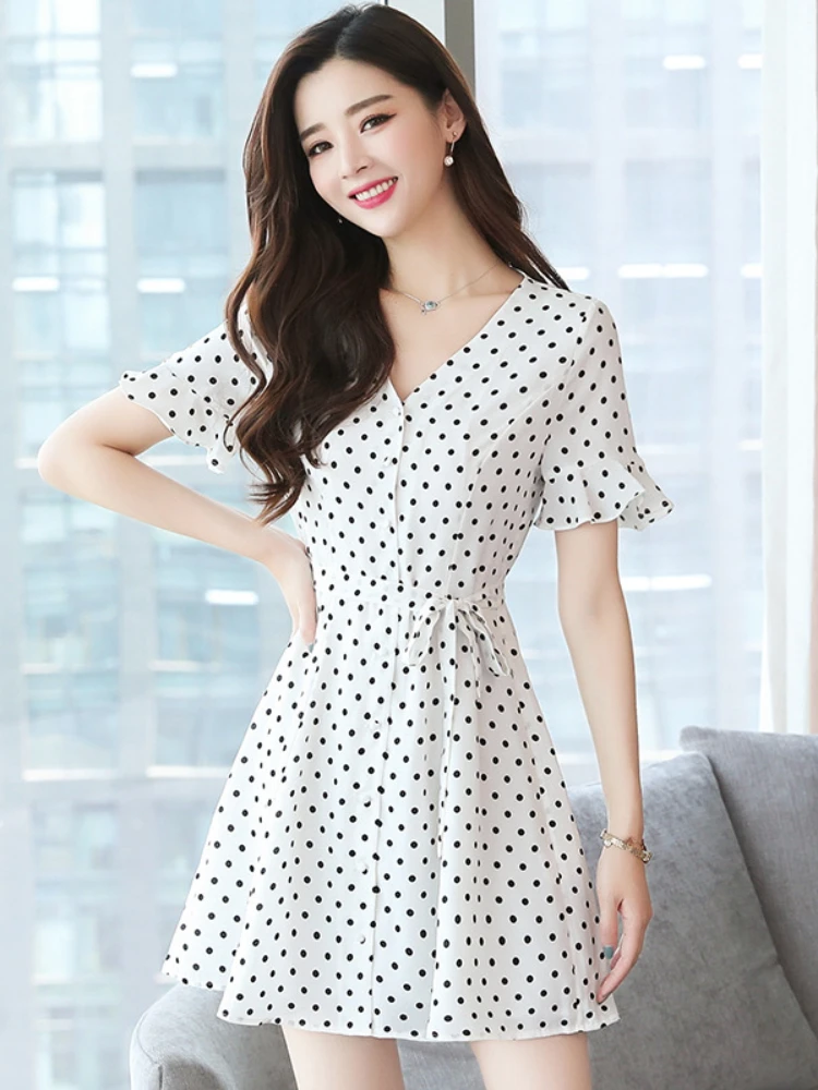 

2023 New Summer Dress Women Chiffon Casual Polka Dot Dresses Pullover Fairy Dress Fashion Style V-Neck Above Knee Short Skirt