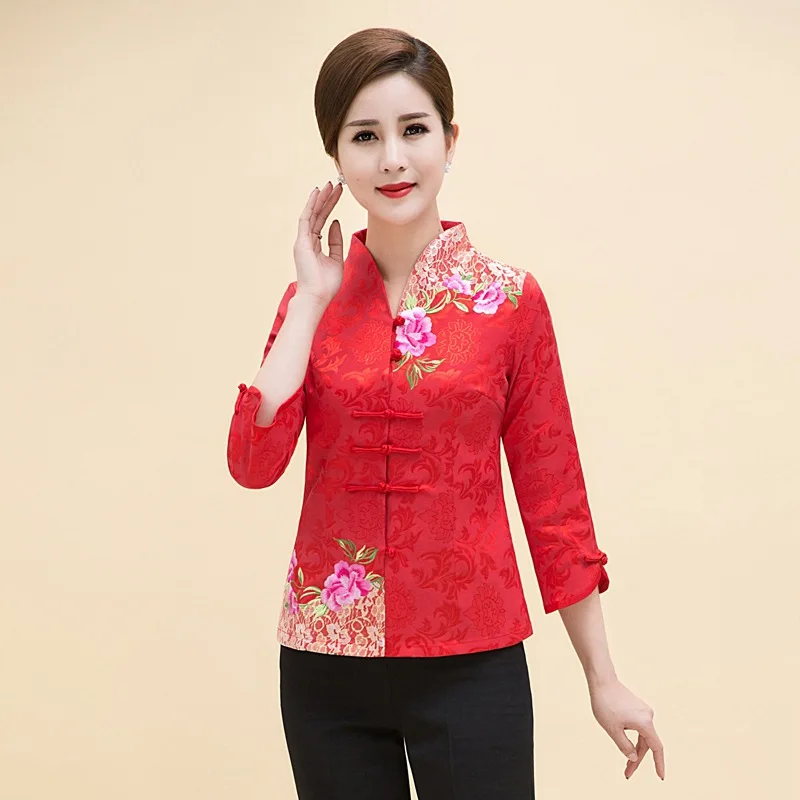 

Tradition Embroider Chinese Style Cheongsams Coat New Year Hanfu Qipao Top Women Tang Clothes Flower Vintage Button Down Jacket