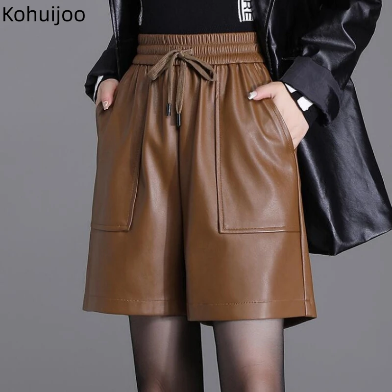 

Kohuijoo Leather Pants Women Knee Length 2023 New Leather Shorts High Waisted Loose Pocket Design Elastic Waist Casual Pants