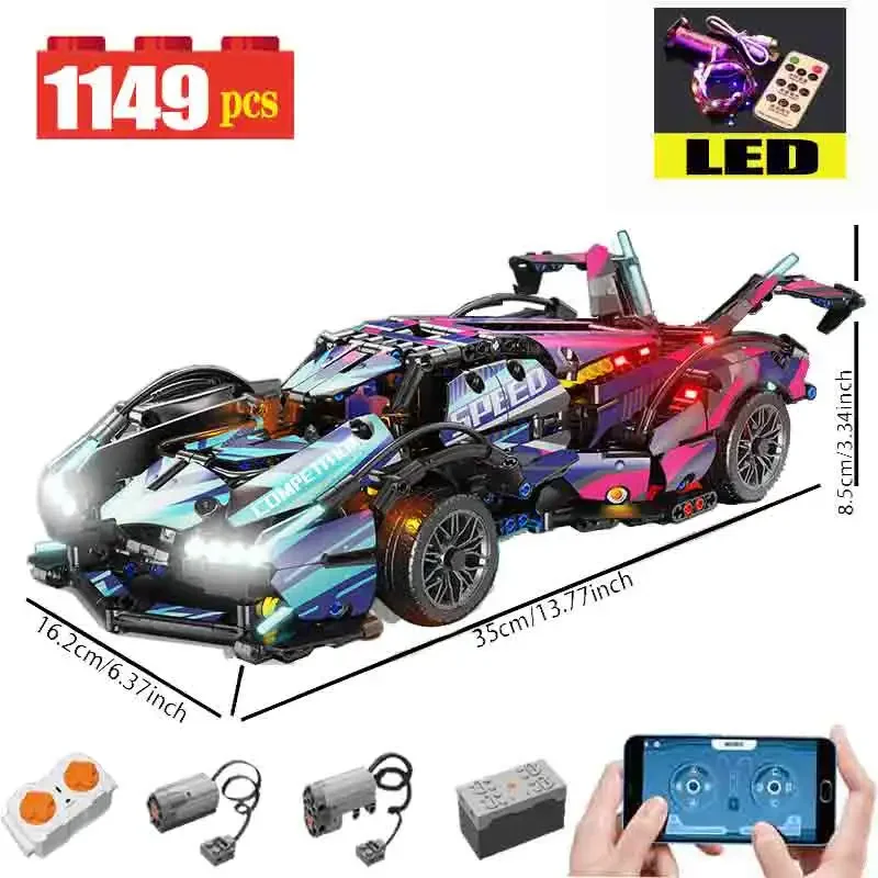 

For Technical RC LED Drift Racing V12 Concept Remote Control Lamp Sports Car Building Blocks Birthday Gifts for Boys and Kids