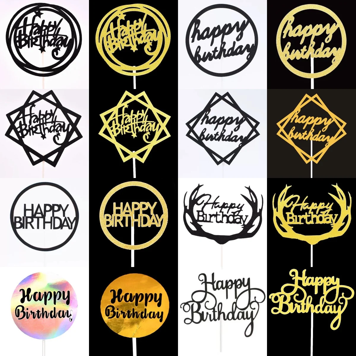 

10Pcs Glitter Square Round Black Gold Hand Writing Happy Birthday Cake Toppers Baby Shower Decor Party Favors Baking Accessories