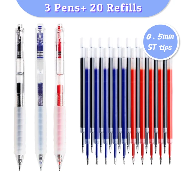 3 Pens 20 Refills Retractable Gel Pens Set 0.5mm ST Tip Quick-Drying Black Red Blue Soft Grip Transparent Design Smooth Writing 1