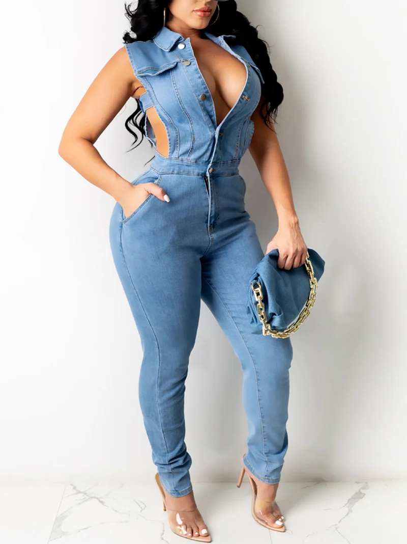 

Women Denim Jumpsuit Hollow Out Sleeveless Turn-down Collar Single Breasted Stretchy Jumpsuits Fashion Outfit Summer Fashion