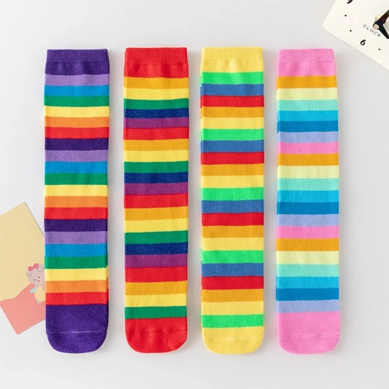 1 Spring Autumn Children's Long Stockings Rainbow Stripped Teen Girls Christmas Cosplay Party Socks Kids Girls Knee High Socks cotton knee socks,knee length socks