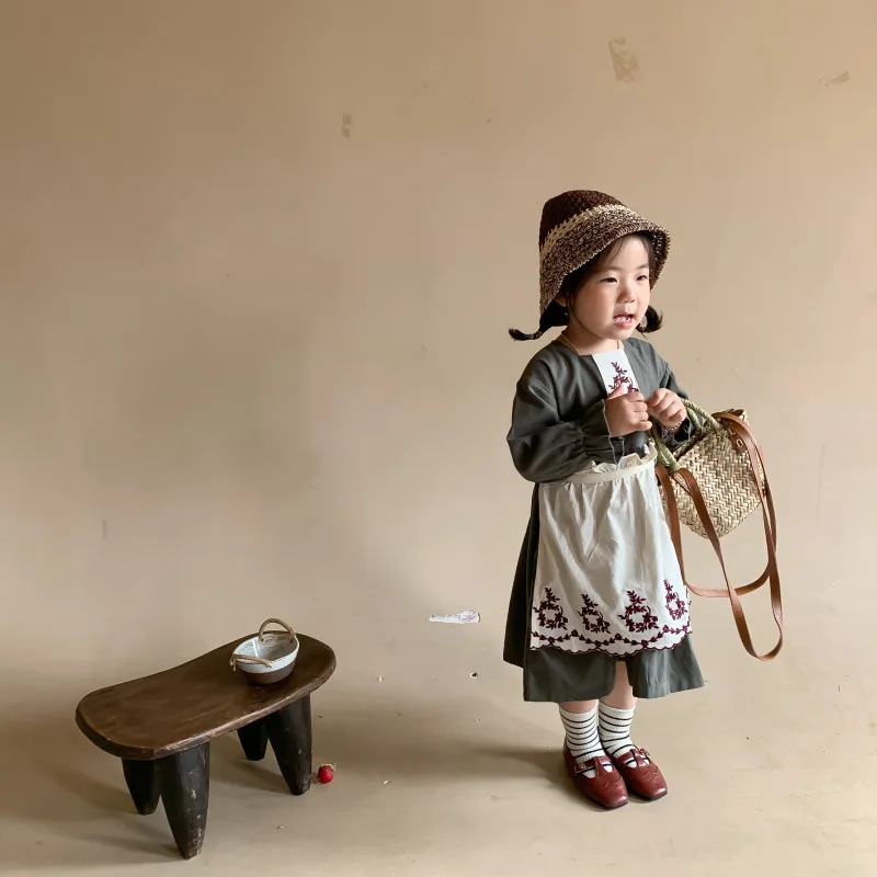 

Girls' Dress Spring and Autumn Children's Clothing Kids' Skirt Lotus Leaf Embroidery with Detachable Apron Two-Piece Zljg