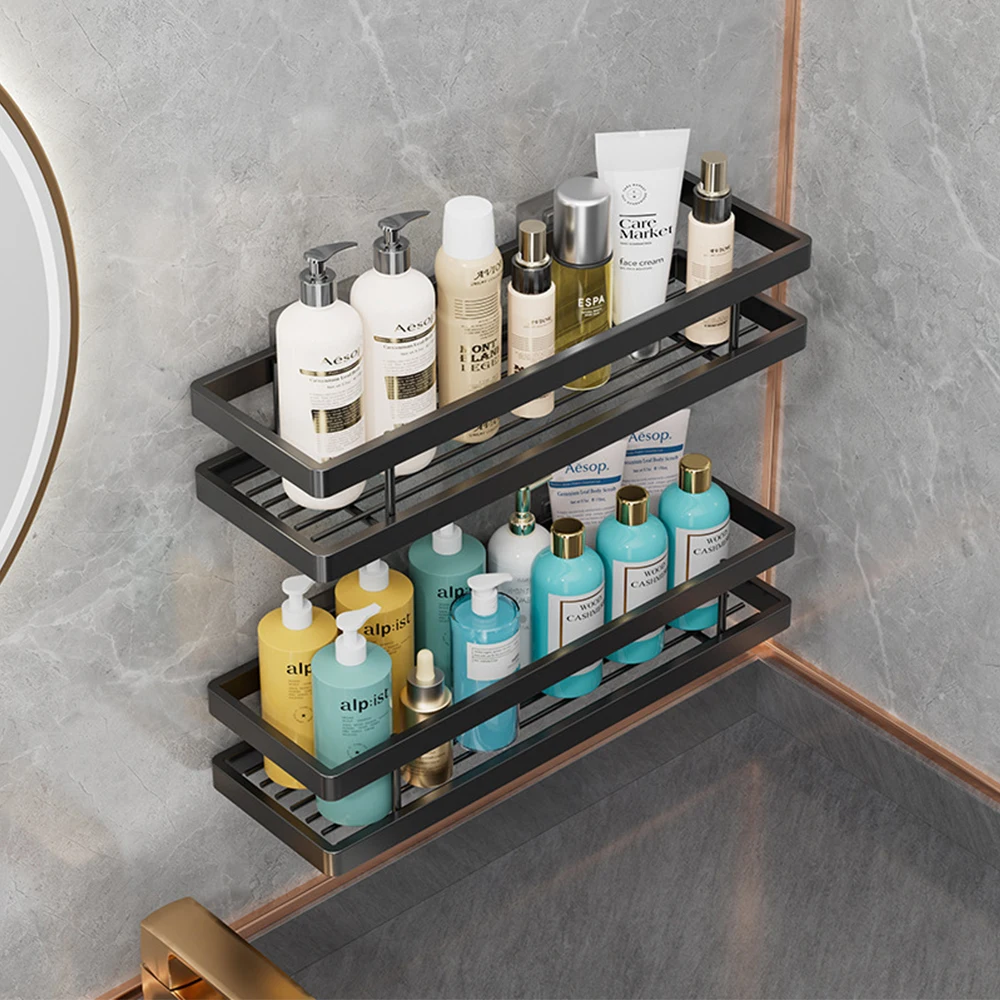 

Bathroom Shelf Kitchen Storage Rack No Drill Aluminum Alloy Shampoo Rack Shower Makeup Shelf Drainage Rack Bathroom Accessories