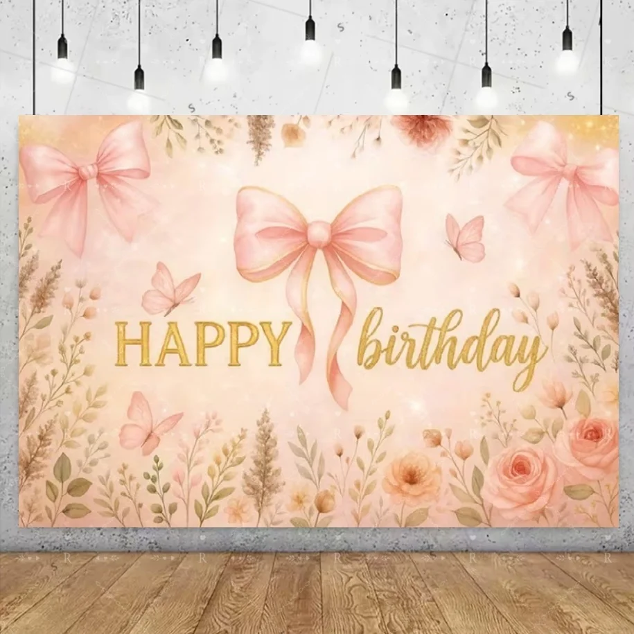 Rosa Schleifen-Thema Geburtstagsparty-Dekoration Banner Mädchen Schmetterling Schleifenballon Blumen Hintergrund Baby-Shower Foto-Zubehör Geschenke – Detail 1