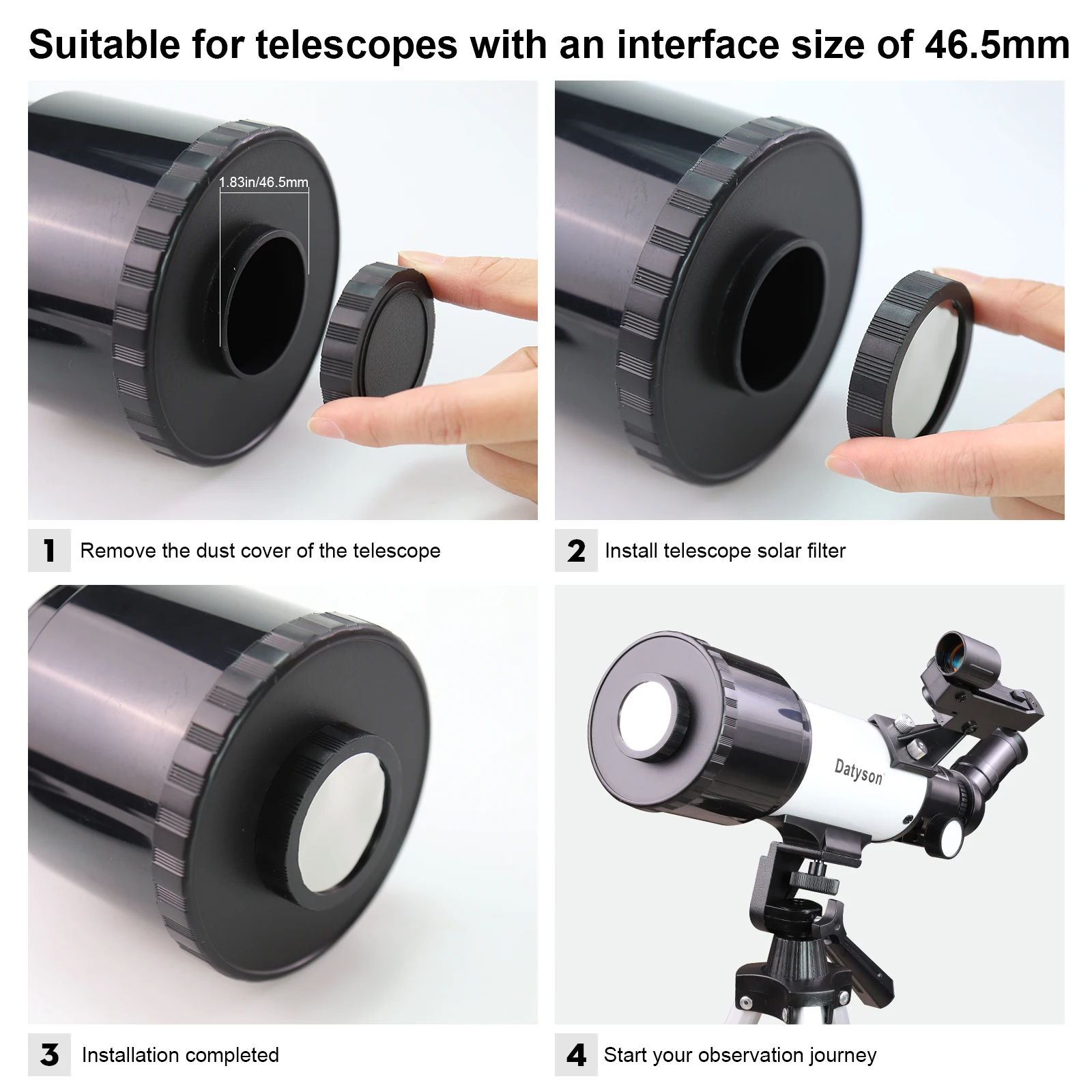 46.5mm 태양광 차단 필터, 태양 안전 필름이 있는 안전한 장착형 필터, 카메라 렌즈, 태양 또는 태양자국 관찰용, 검정색