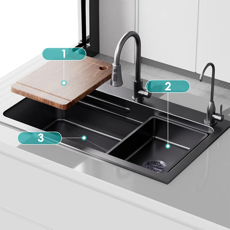 304 Stainless Steel Kitchen Sink with Functional Faucet Single Bowl Basin Workstation Topmount Black-gray with Accessories