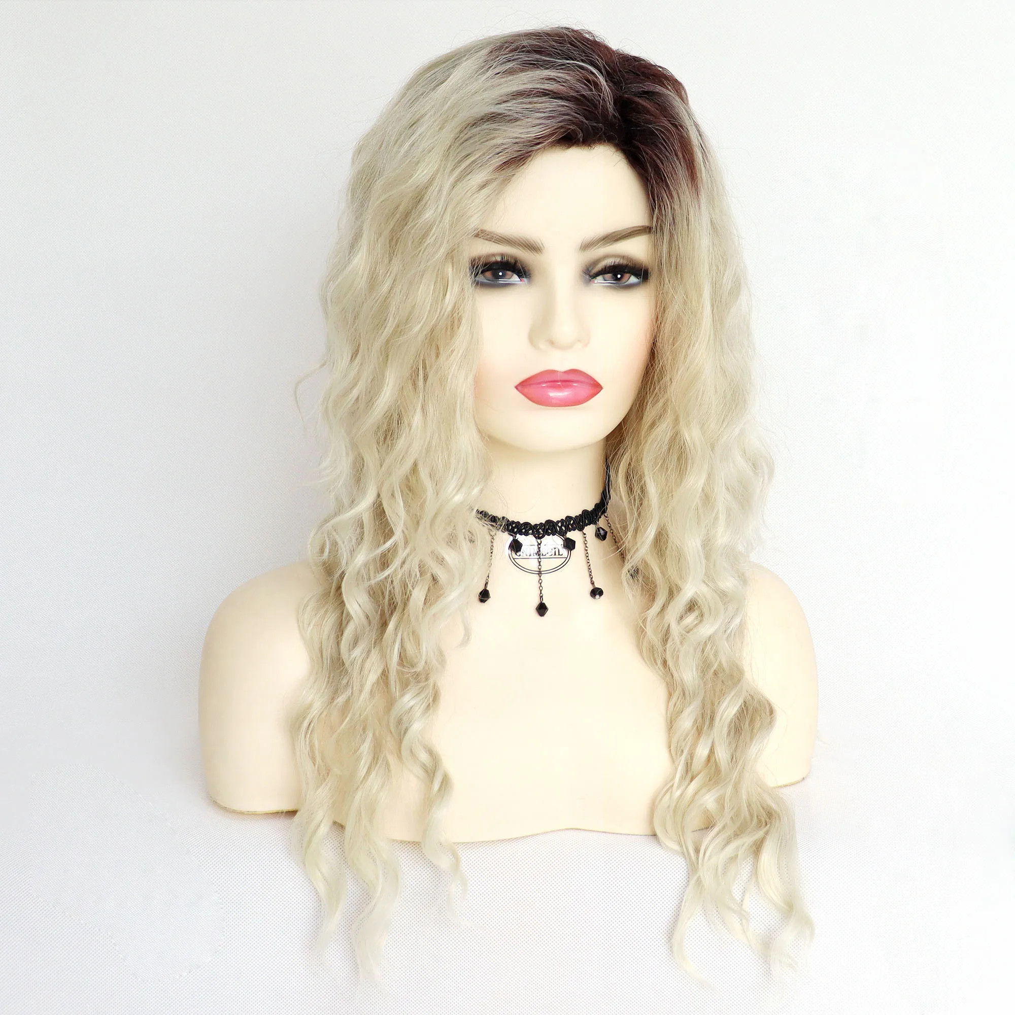 GNIMEGIL Synthetic Long Curly Wigs for Women Ombre Blonde Wig with Bangs Costume Wig for Girls Sexy Blond Wigs with Dark Roots