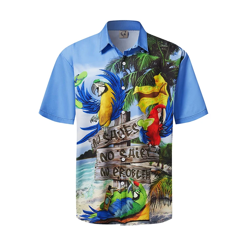 thumbnail image 1 of Camisas hawaianas de verano para hombre, divertidas, con estampado de pájaros, informal, con botones, para playa, manga corta, 1 of 4