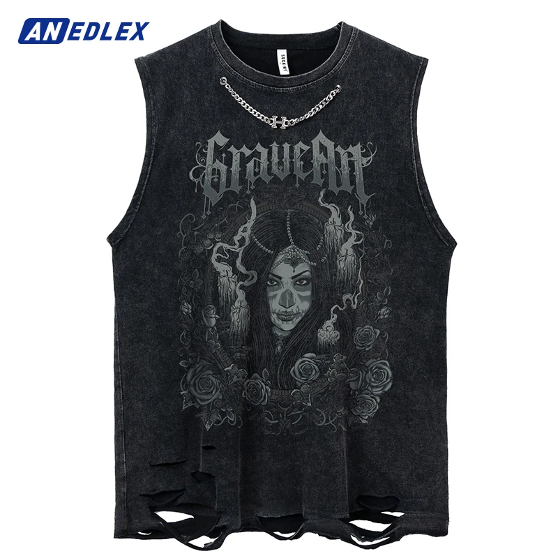 

Мужское ожерелье, промытый рваный жилет, хип-хоп, уличная одежда, темный портрет девушки, Винтажная Майка 2022, летняя повседневная искусственная кожа