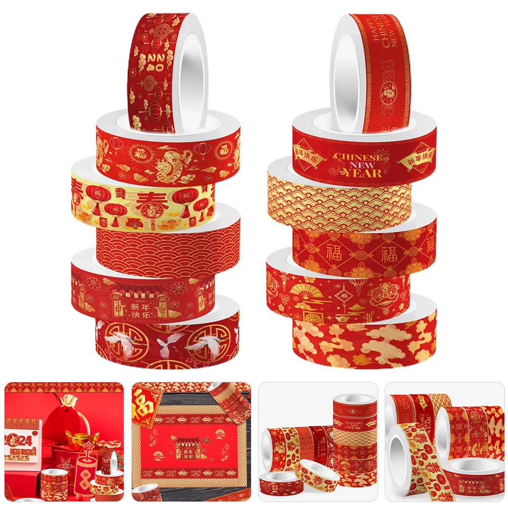 12 Rolls Washi Tape Chinese New Year Style Red Set 2024 Spring Festival Tapes Diy Label Scrapbooking Dragon Decor