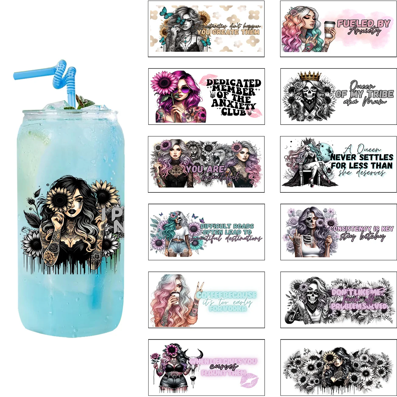 Tattooed Girl Series easy peel waterproof DIY Decals Retro Beauty 3D transfers uvdtf crystal sticker 16oz uv dtf cup wraps