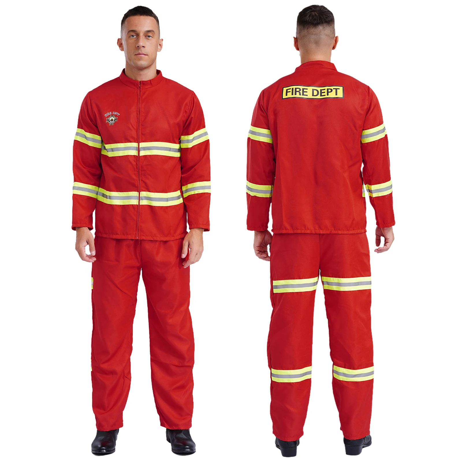 Mens Firefighter Dress Up Costume 4Pcs Suit HalloweenPlastic Helmet+Long Sleeve Jacket Coat+Pants+Belt Reflective Stripes Set