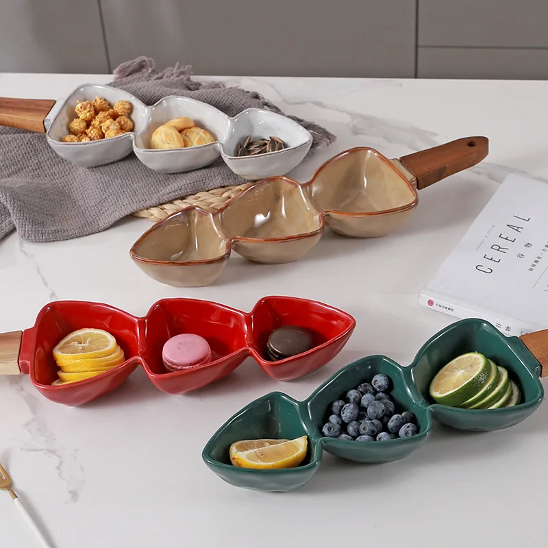 Ins New Creative Ceramic Divided Plate with Wooden Handle Ceramic Dried Fruit Plate Christmas Plate Home Premium Feeling