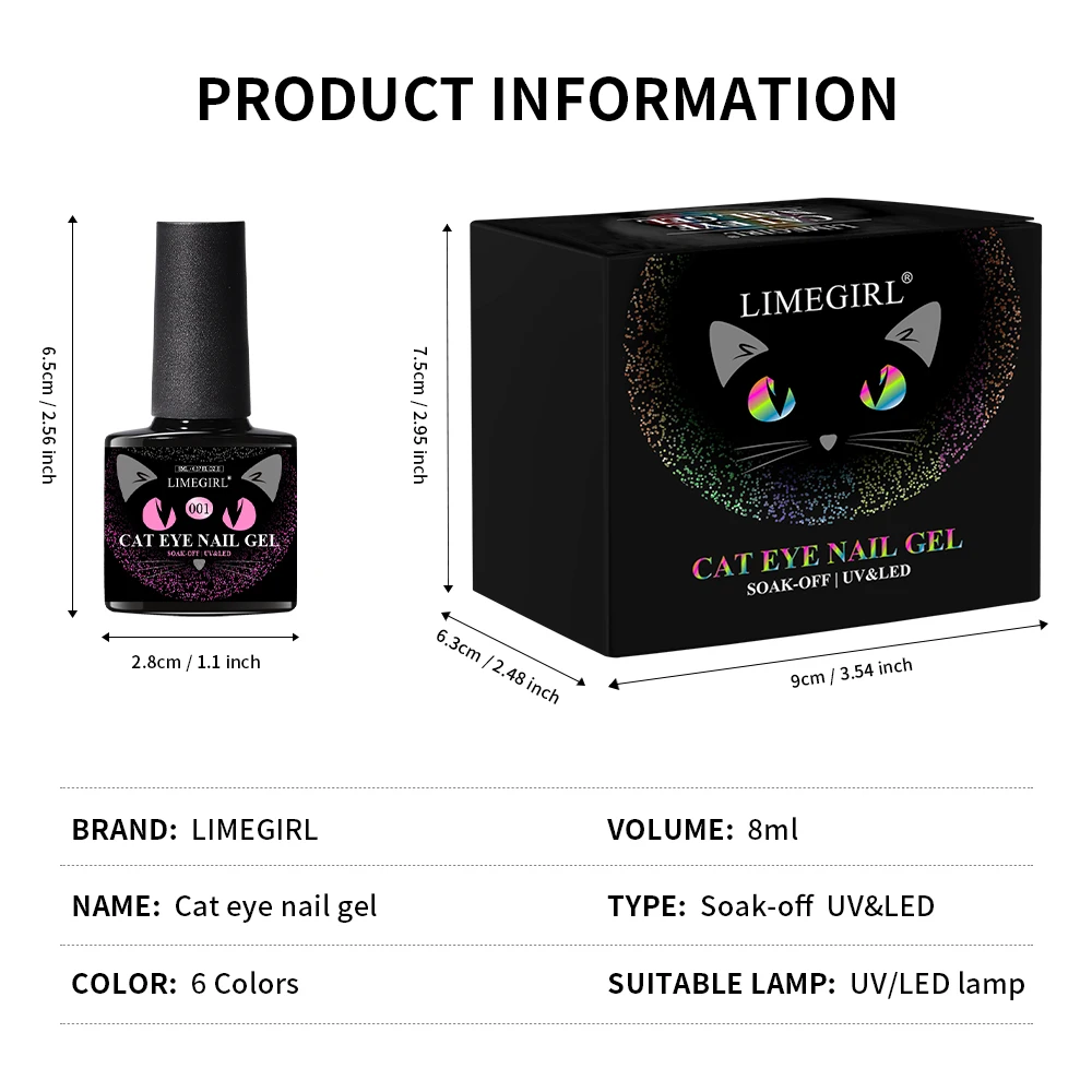 Limegirl 8ml Cat Eye Nail Gel Polish Set Shiny Magnetic Gel Polish Galaxy Chameleon Effect Nail Gel Soak Off Salon Manicure Kit 3