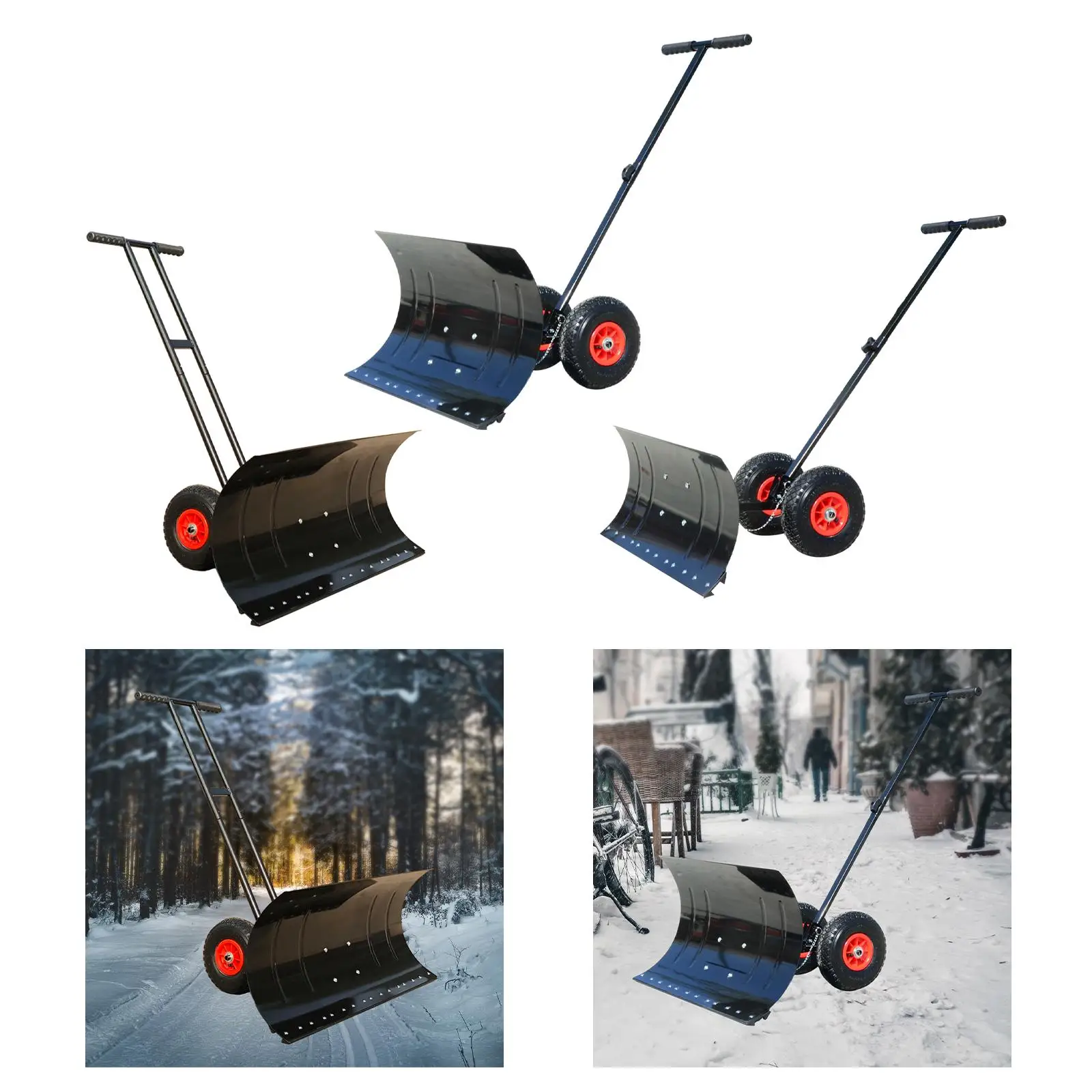 Wheeled Snow Shovel Pusher Efficient Heavy Duty Multi Angle Metal Sleigh Shovel Snow Plow for Park Doorway Walkways Driveway Car